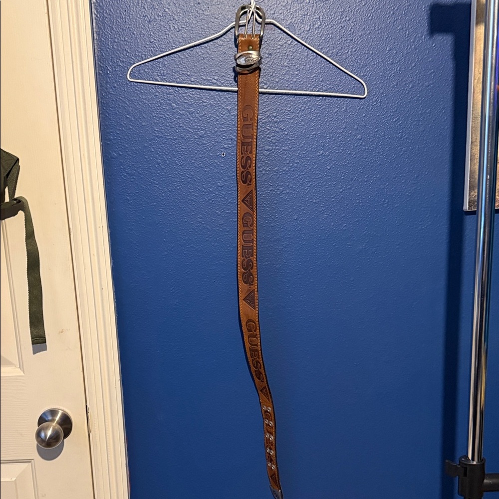 GUESS Brown Leather Logo Belt with Metal Buckle